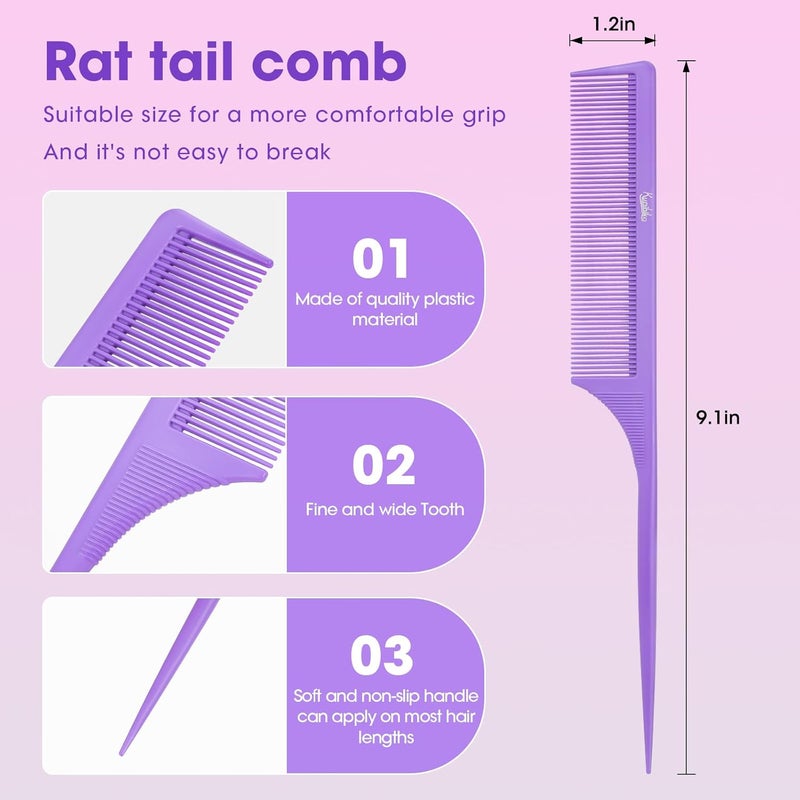 Kunihiko Rat Tail Comb2-in-1 Fine Tooth Parting Comb & Root Teasing Comb for Women - Carbon Fiber, Anti-Static, Purple & Black - Image 3